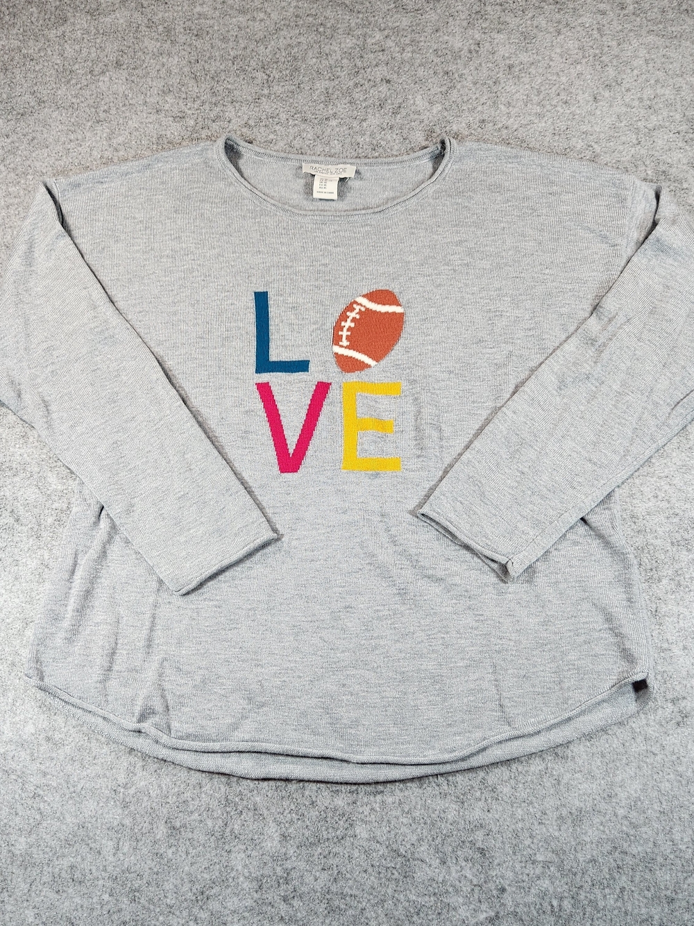 Rachel Zoe Light Gray Crewneck Sweater with Colorful LOVE Football Motif